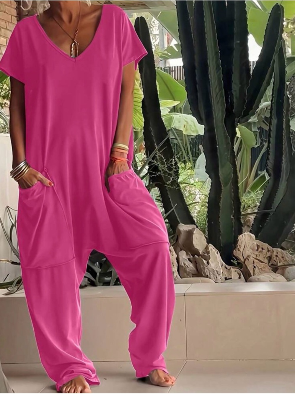 Women's V-Neck Relaxed Jumpsuit in Hot Pink